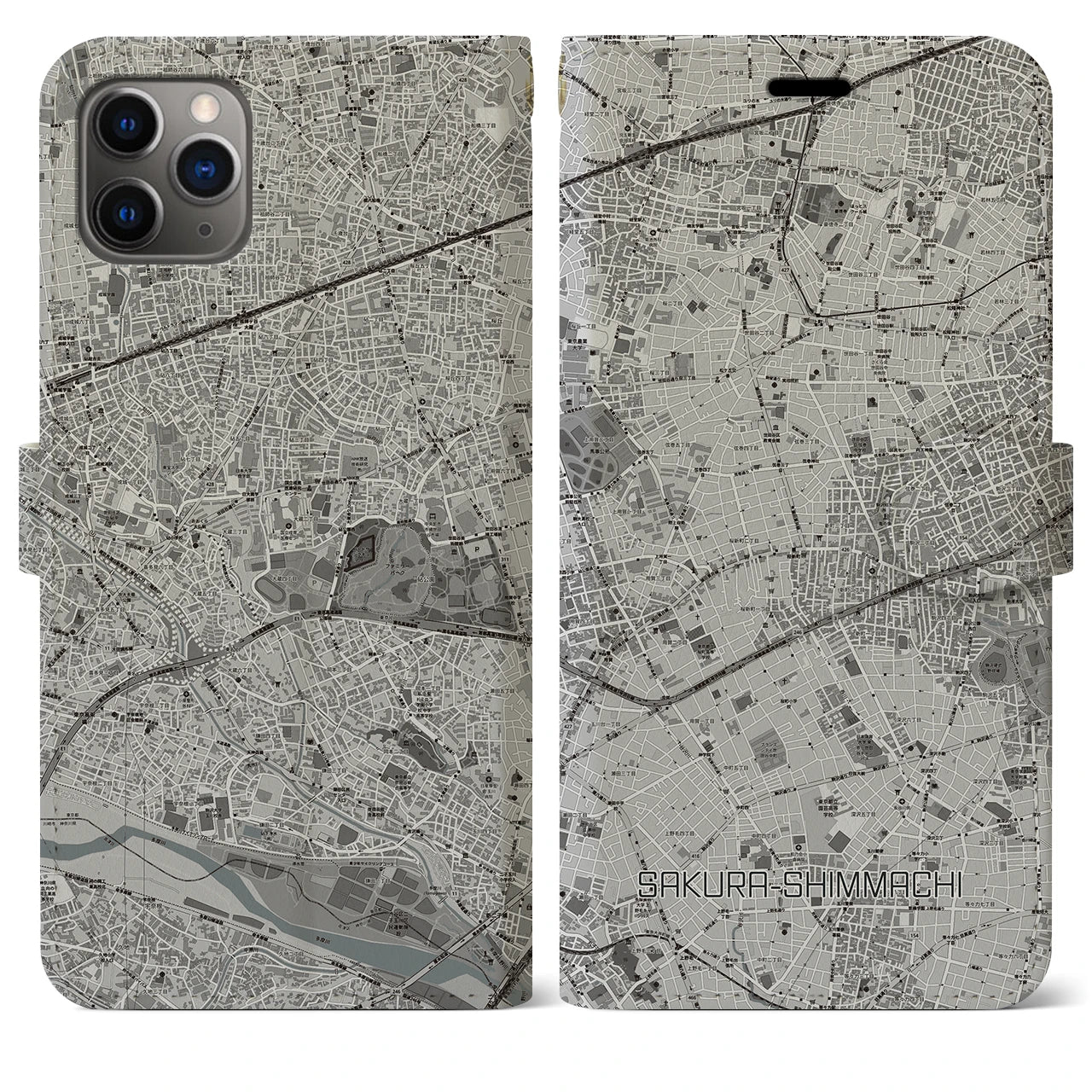 【桜新町(東京都)】地図柄iPhoneケース(手帳タイプ)モノトーン・iPhone 11 Pro Max 用