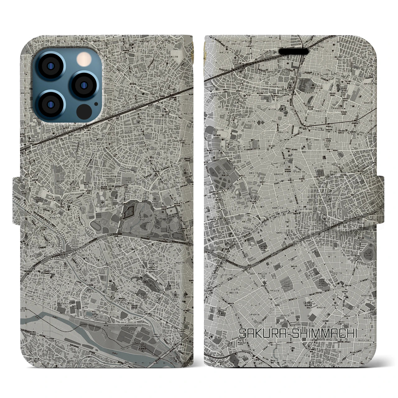 【桜新町(東京都)】地図柄iPhoneケース(手帳タイプ)モノトーン・iPhone 12 / 12 Pro 用