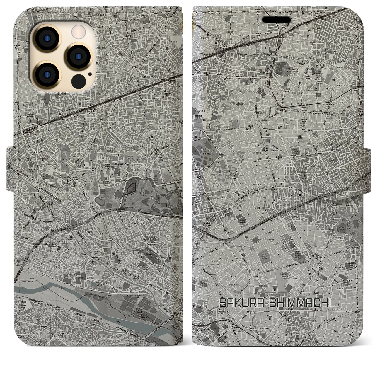 【桜新町(東京都)】地図柄iPhoneケース(手帳タイプ)モノトーン・iPhone 12 Pro Max 用