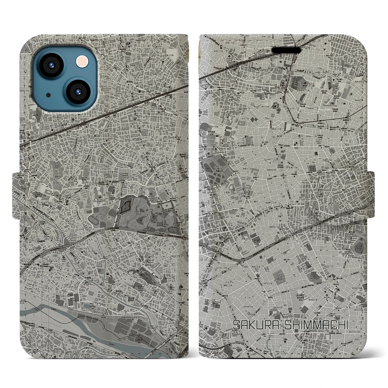 【桜新町(東京都)】地図柄iPhoneケース(手帳タイプ)モノトーン・iPhone 13 用