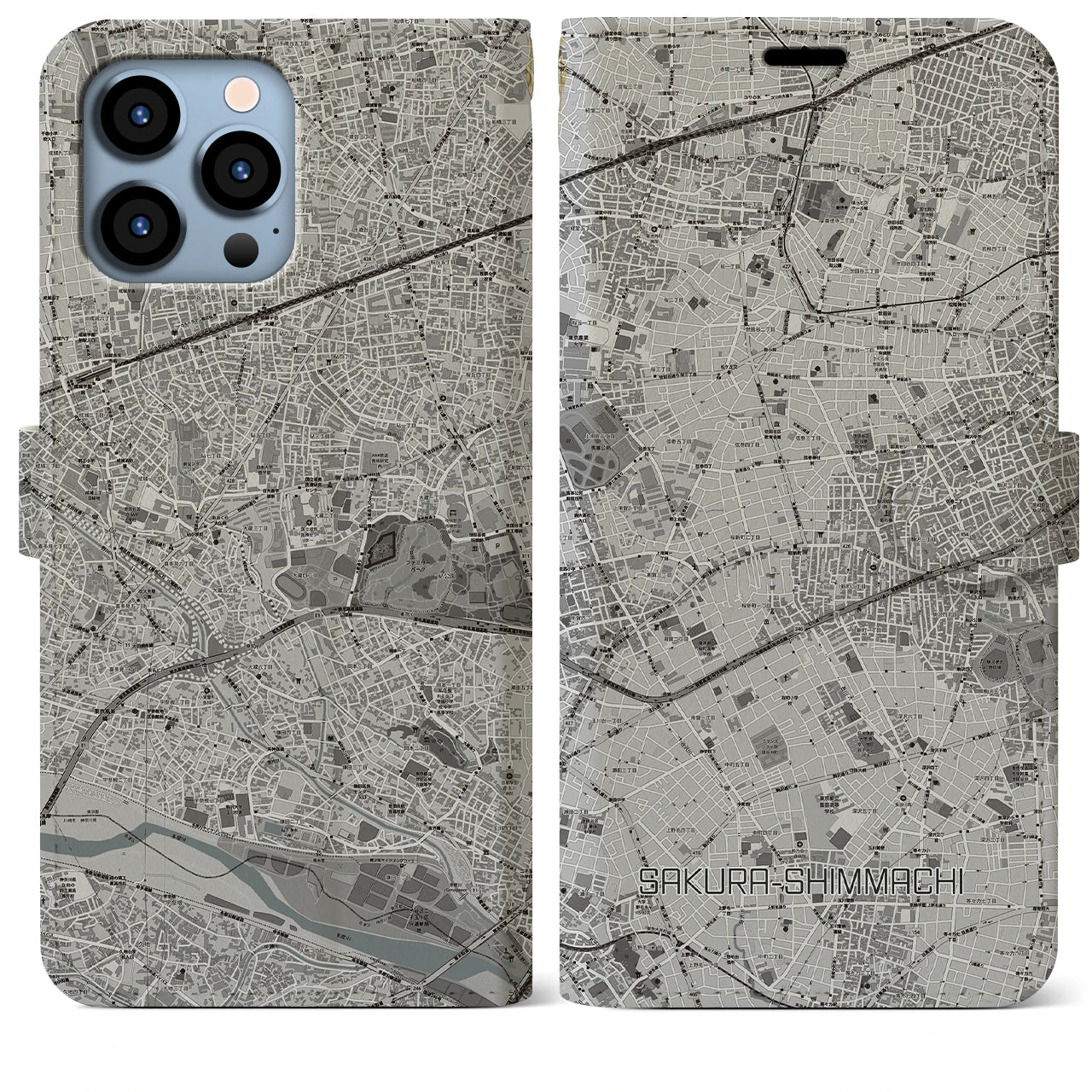 【桜新町(東京都)】地図柄iPhoneケース(手帳タイプ)モノトーン・iPhone 13 Pro Max 用
