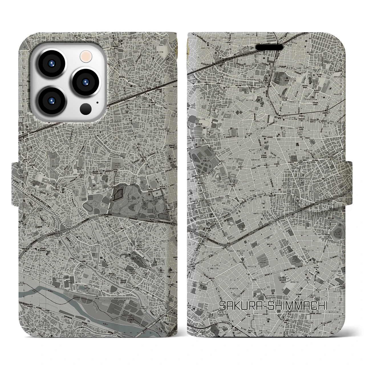 【桜新町(東京都)】地図柄iPhoneケース(手帳タイプ)モノトーン・iPhone 13 Pro 用