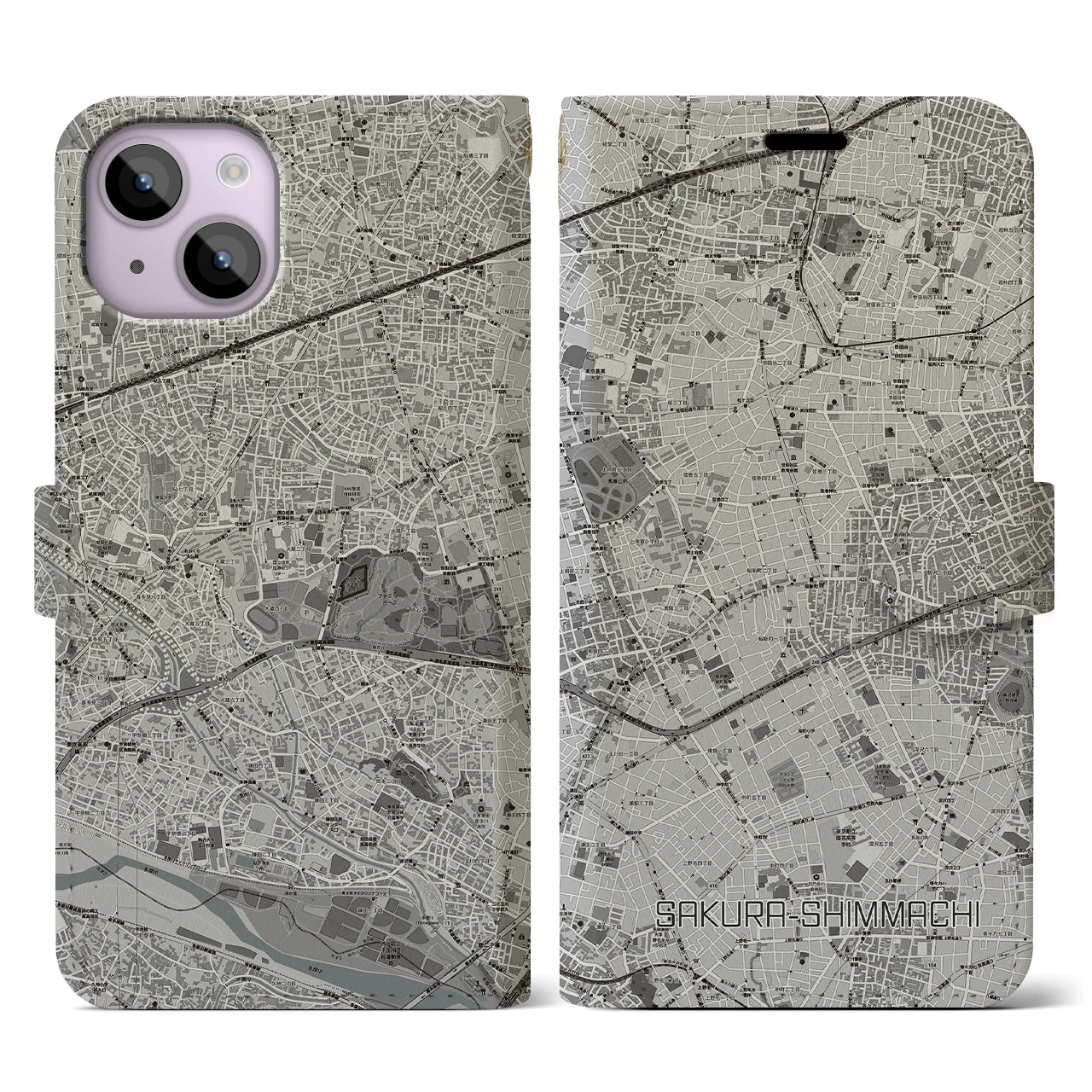 【桜新町(東京都)】地図柄iPhoneケース(手帳タイプ)モノトーン・iPhone 14 用
