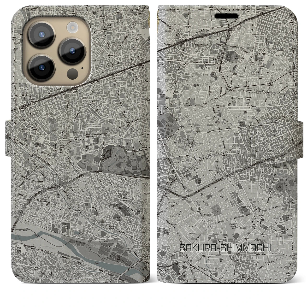 【桜新町(東京都)】地図柄iPhoneケース(手帳タイプ)モノトーン・iPhone 14 Pro Max 用