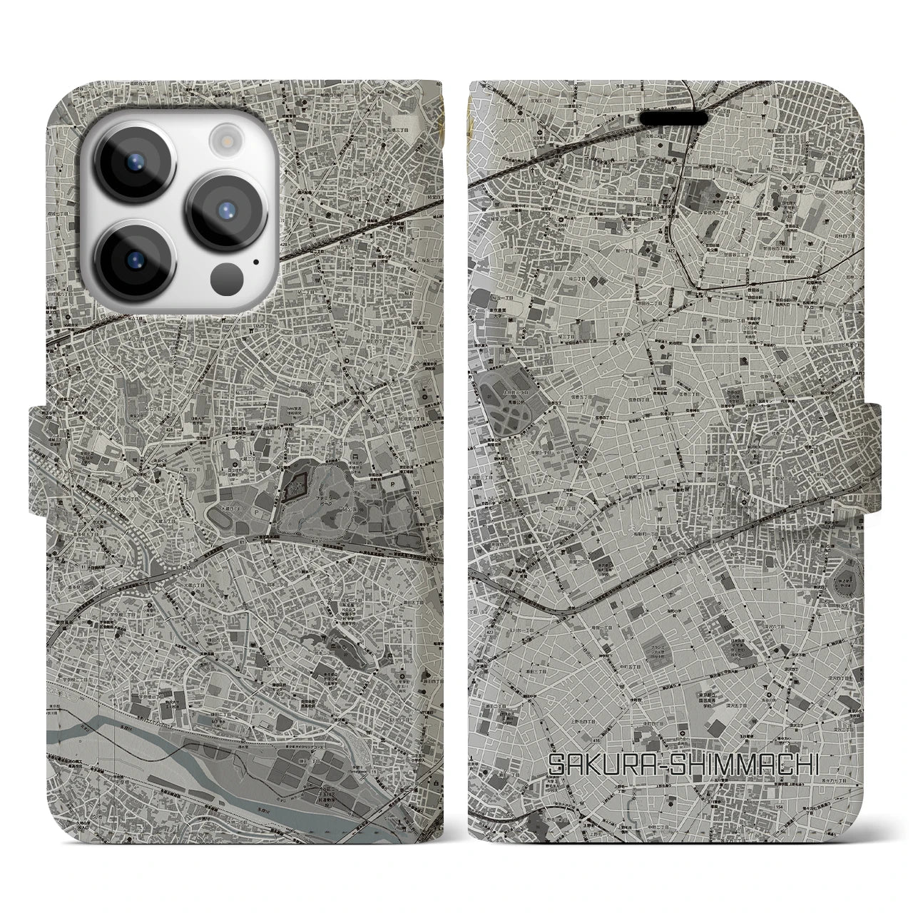 【桜新町(東京都)】地図柄iPhoneケース(手帳タイプ)モノトーン・iPhone 14 Pro 用