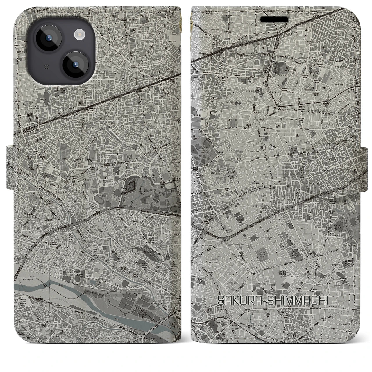 【桜新町(東京都)】地図柄iPhoneケース(手帳タイプ)モノトーン・iPhone 14 Plus 用
