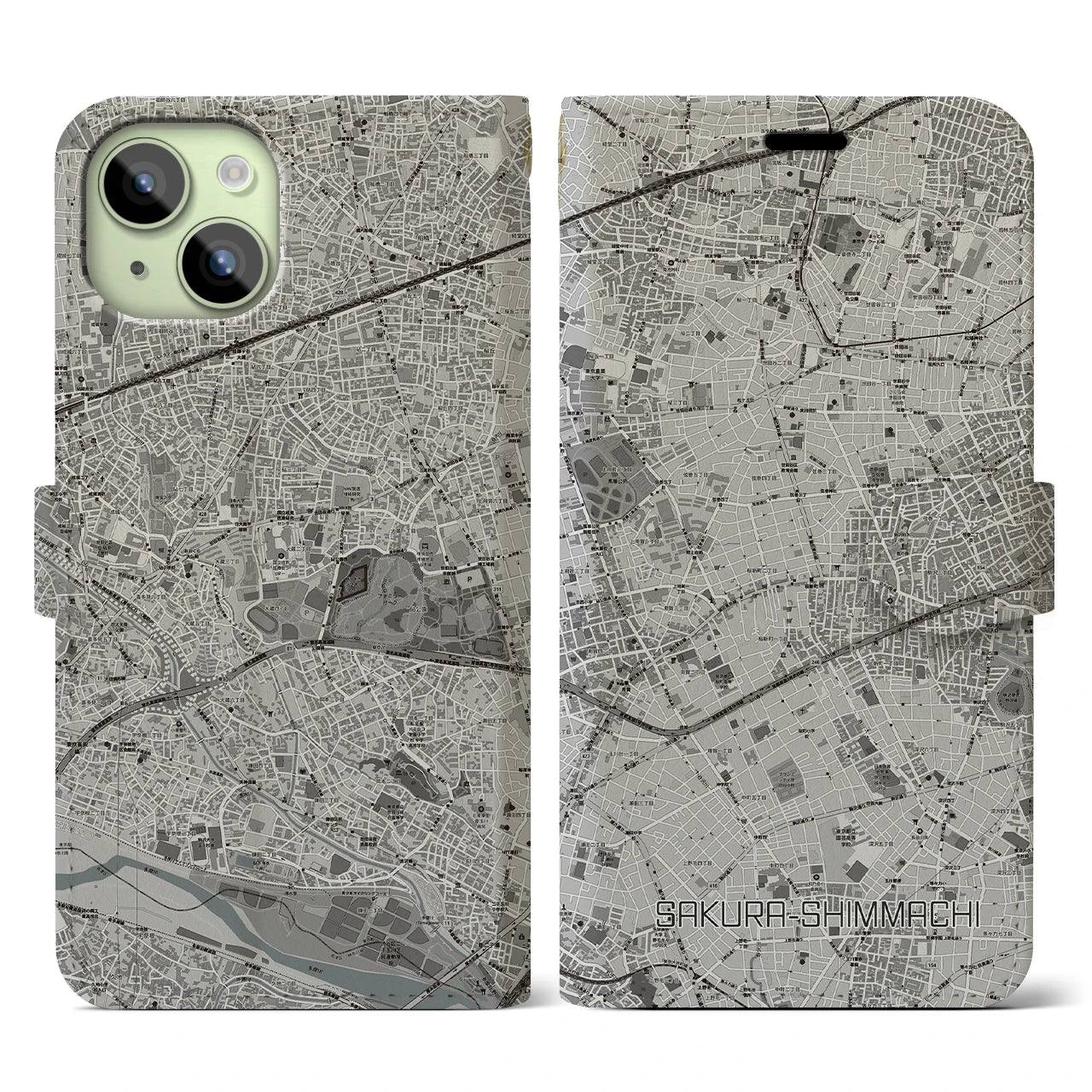 【桜新町(東京都)】地図柄iPhoneケース(手帳タイプ)モノトーン・iPhone 15 用