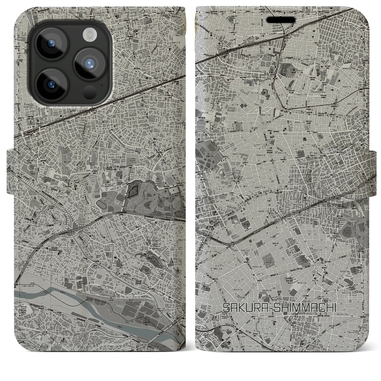 【桜新町(東京都)】地図柄iPhoneケース(手帳タイプ)モノトーン・iPhone 15 Pro Max 用