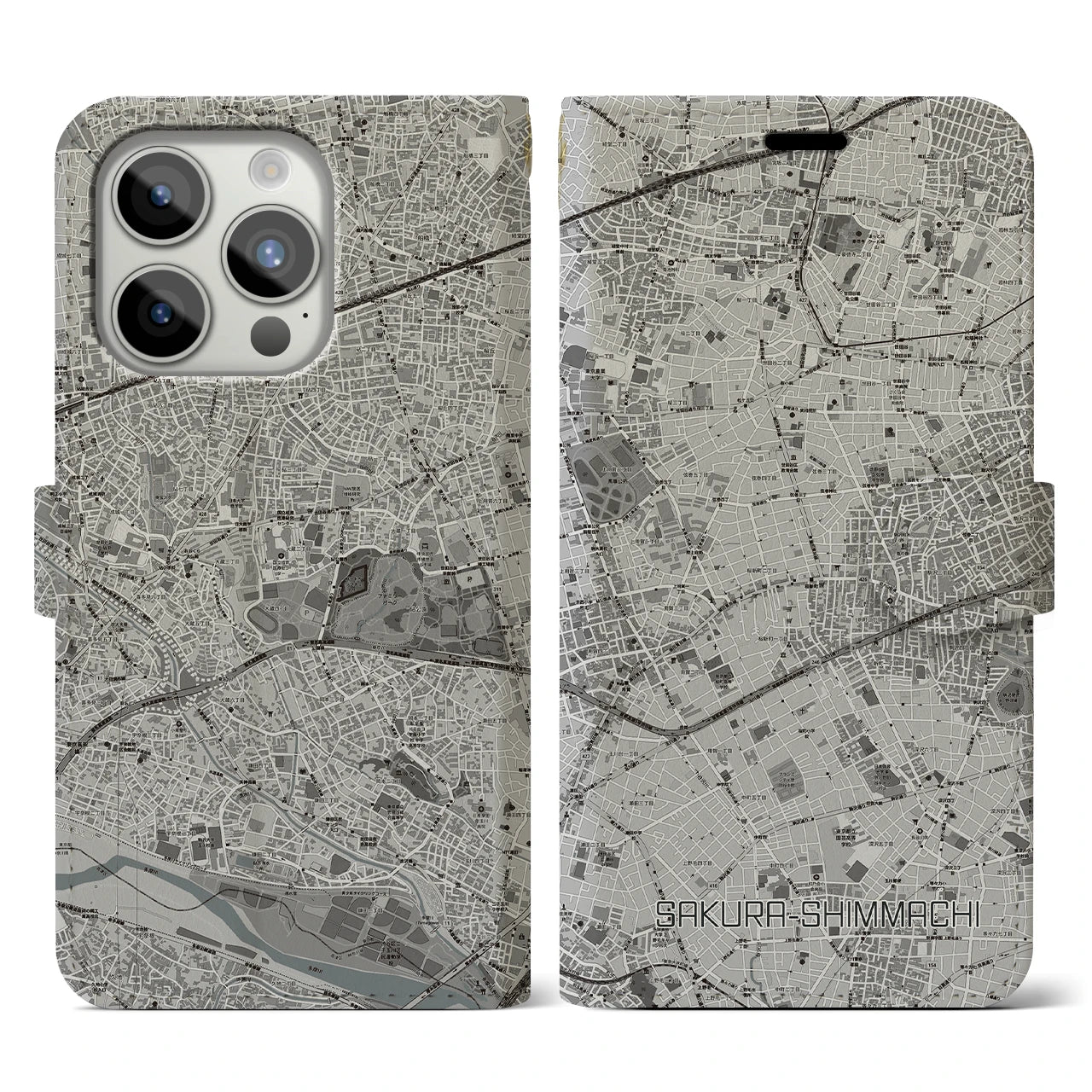 【桜新町(東京都)】地図柄iPhoneケース(手帳タイプ)モノトーン・iPhone 15 Pro 用