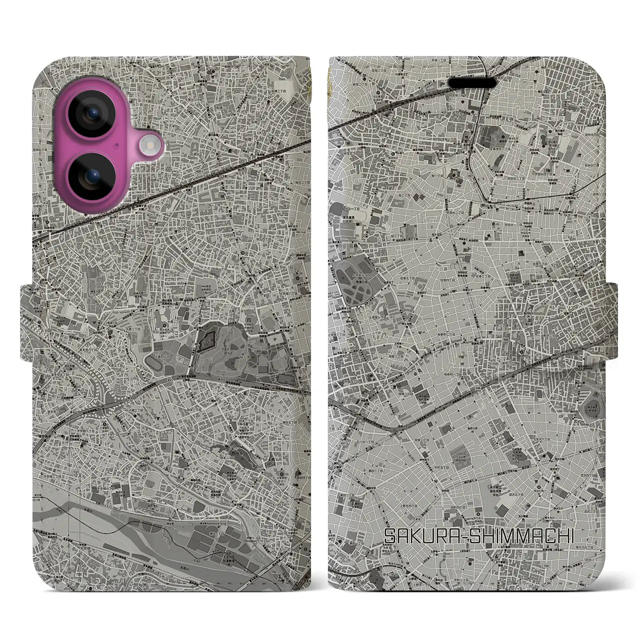 【桜新町(東京都)】地図柄iPhoneケース(手帳タイプ)モノトーン・iPhone 16 Pro 用