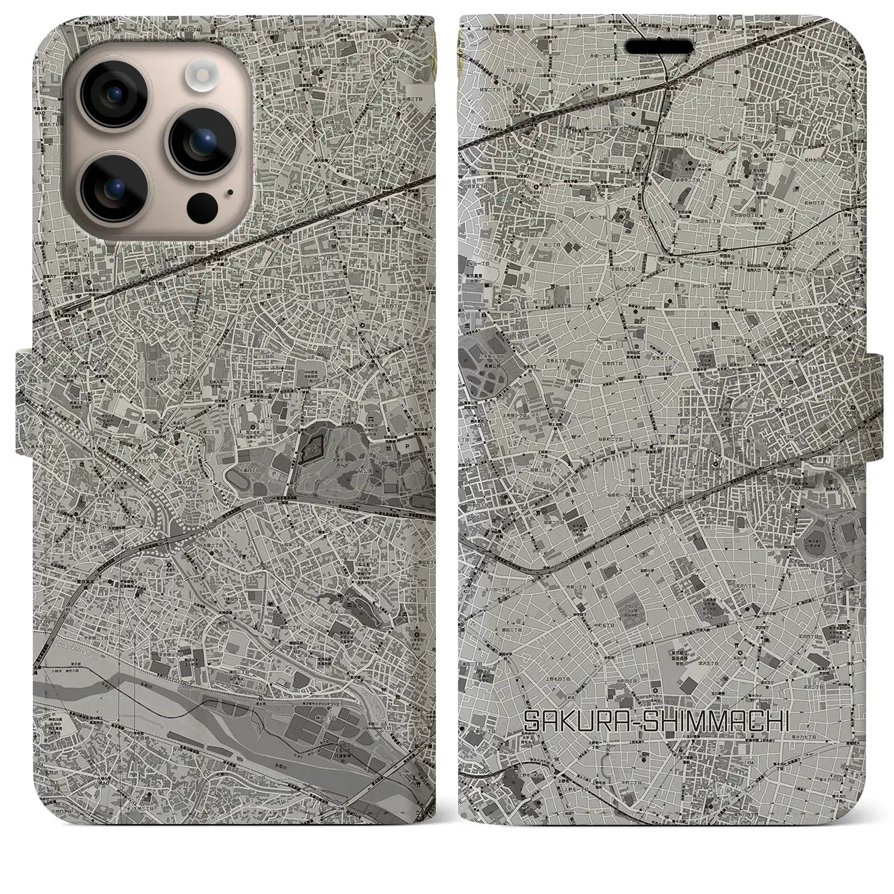 【桜新町(東京都)】地図柄iPhoneケース(手帳タイプ)モノトーン・iPhone 16 Plus 用