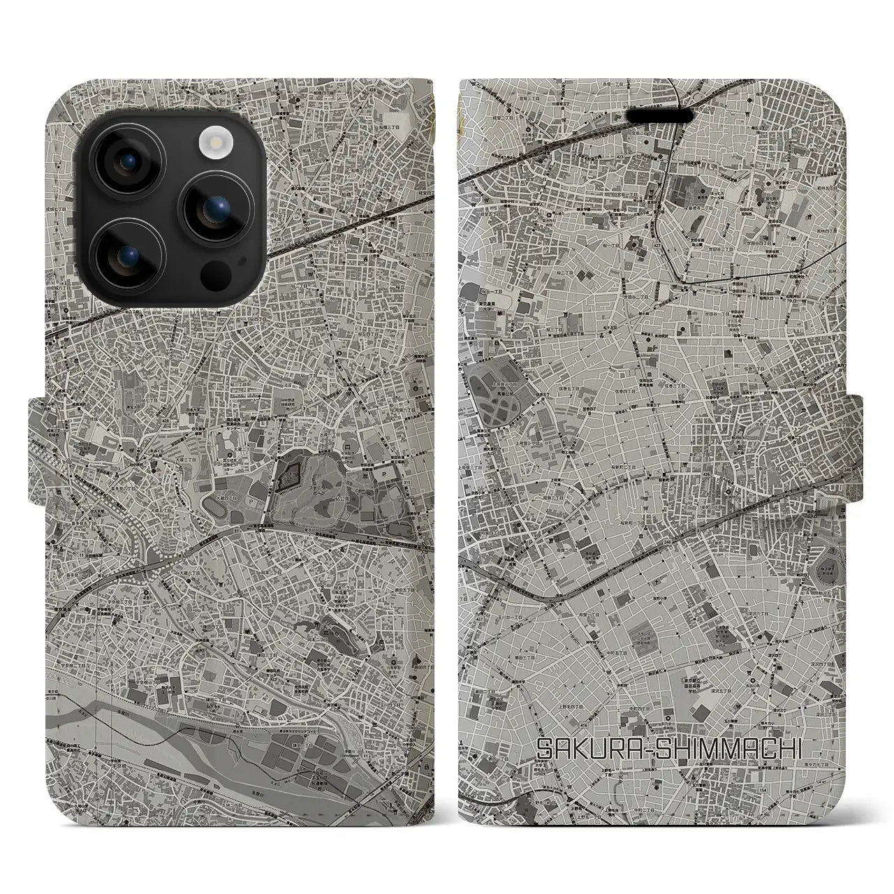 【桜新町(東京都)】地図柄iPhoneケース(手帳タイプ)モノトーン・iPhone 16 用
