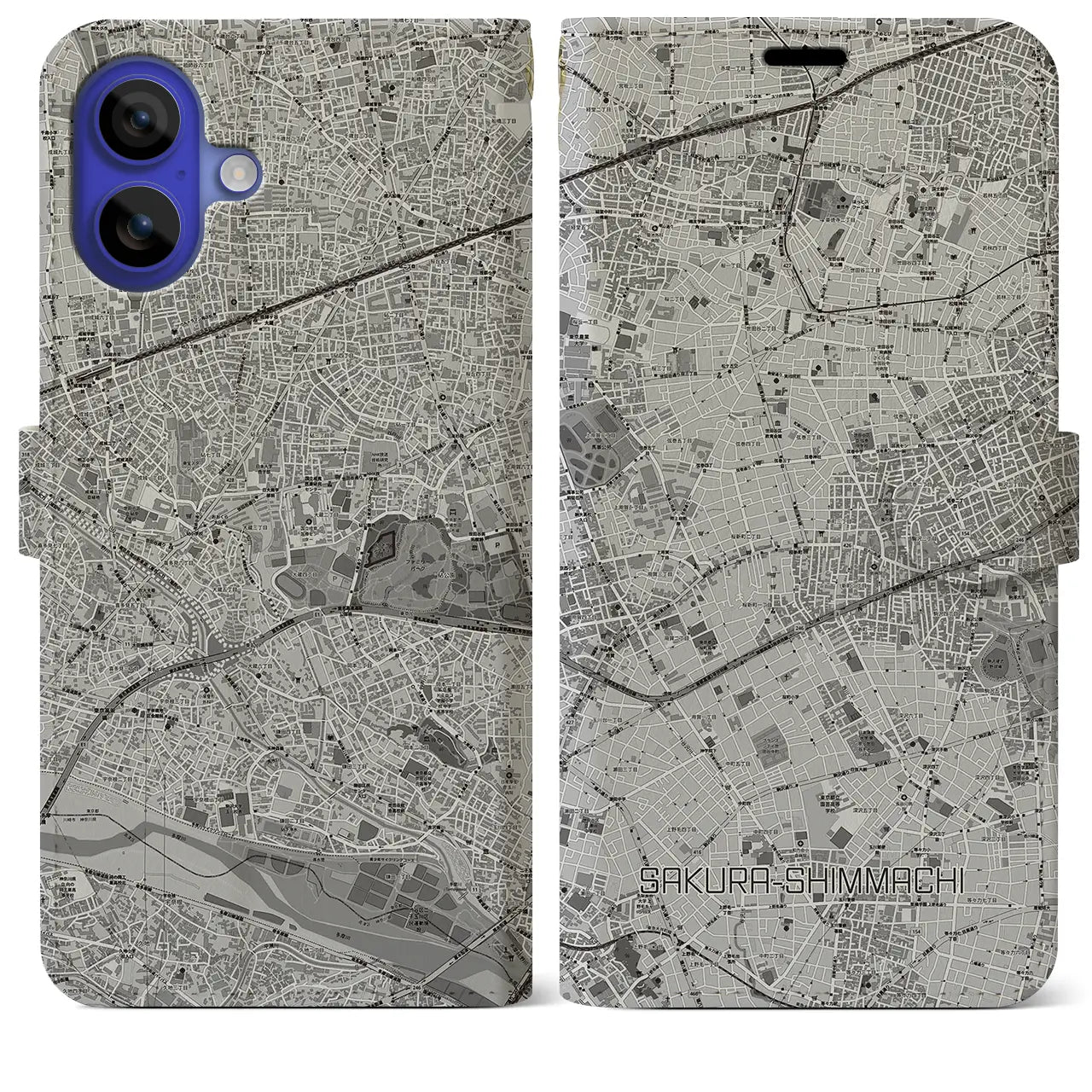 【桜新町(東京都)】地図柄iPhoneケース(手帳タイプ)モノトーン・iPhone 16 Pro Max 用