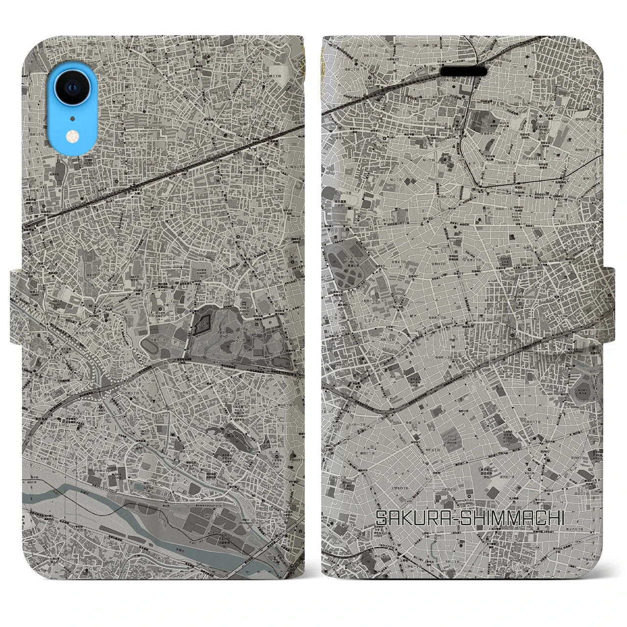 【桜新町(東京都)】地図柄iPhoneケース(手帳タイプ)モノトーン・iPhone XR 用