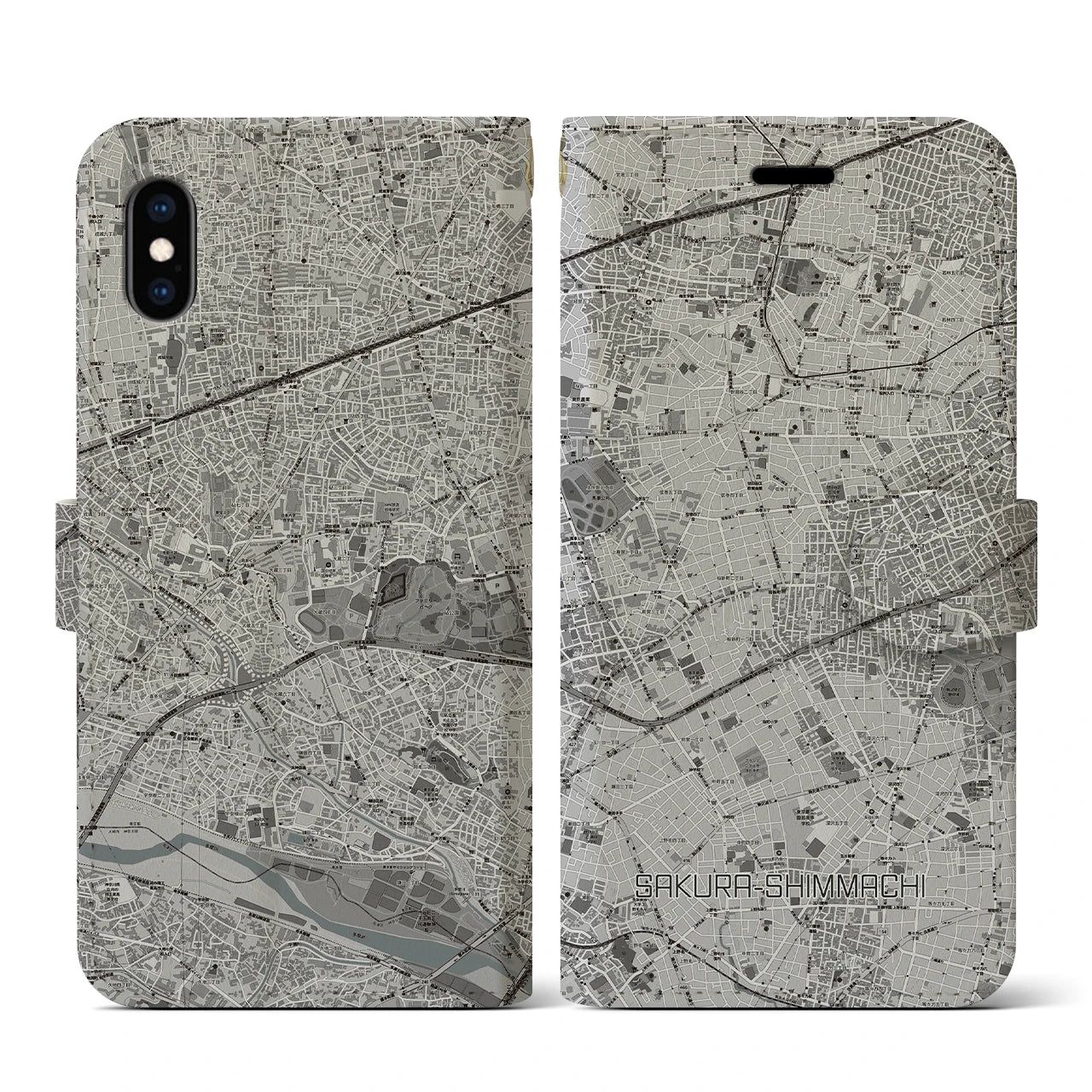 【桜新町(東京都)】地図柄iPhoneケース(手帳タイプ)モノトーン・iPhone XS / X 用