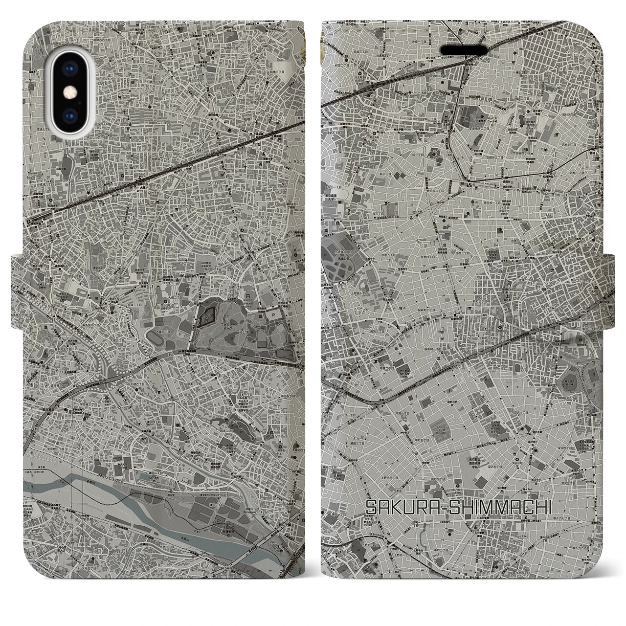【桜新町(東京都)】地図柄iPhoneケース(手帳タイプ)モノトーン・iPhone XS Max 用