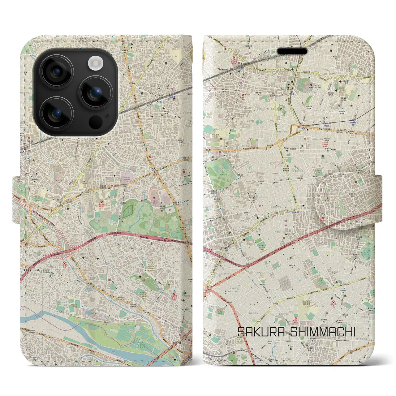 【桜新町(東京都)】地図柄iPhoneケース(手帳タイプ)ナチュラル・iPhone 16 用