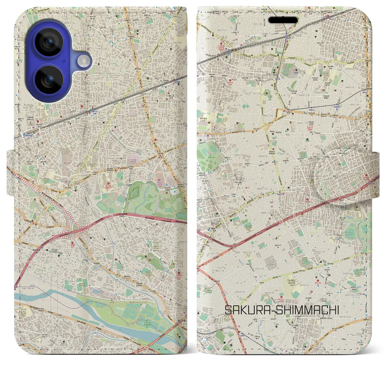 【桜新町(東京都)】地図柄iPhoneケース(手帳タイプ)ナチュラル・iPhone 16 Pro Max 用
