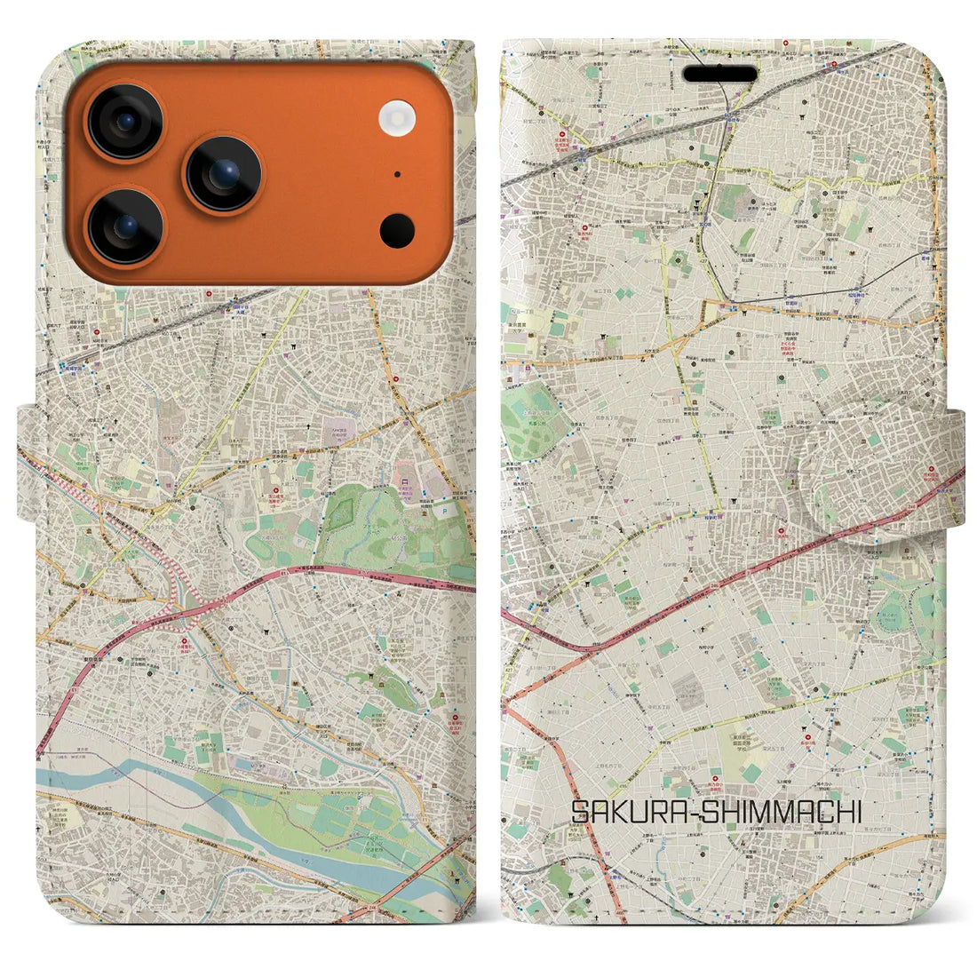 【桜新町(東京都)】地図柄iPhoneケース(手帳タイプ)ナチュラル・iPhone 17 Pro Max 用