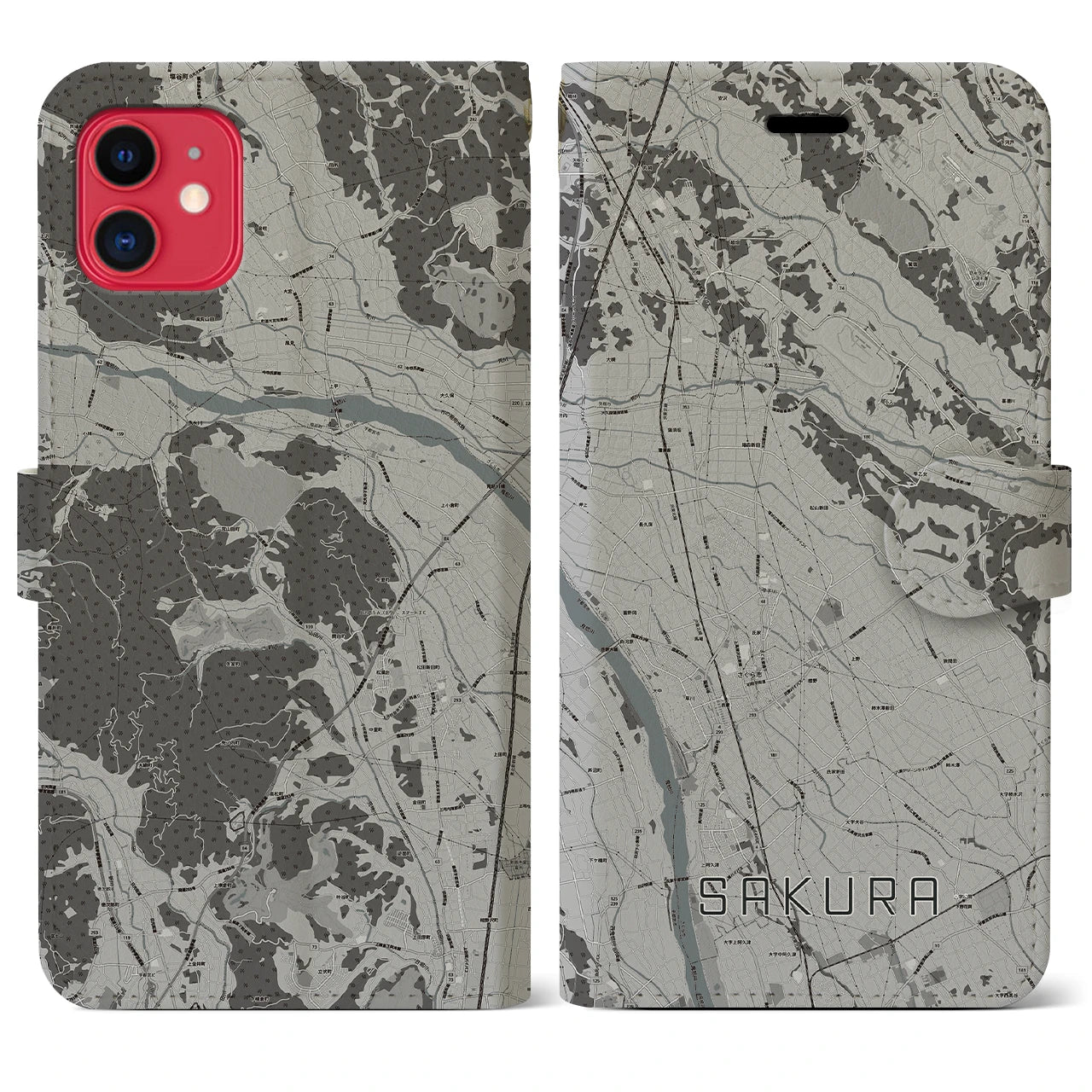 【さくら(栃木県)】地図柄iPhoneケース(手帳タイプ)モノトーン・iPhone 11 用
