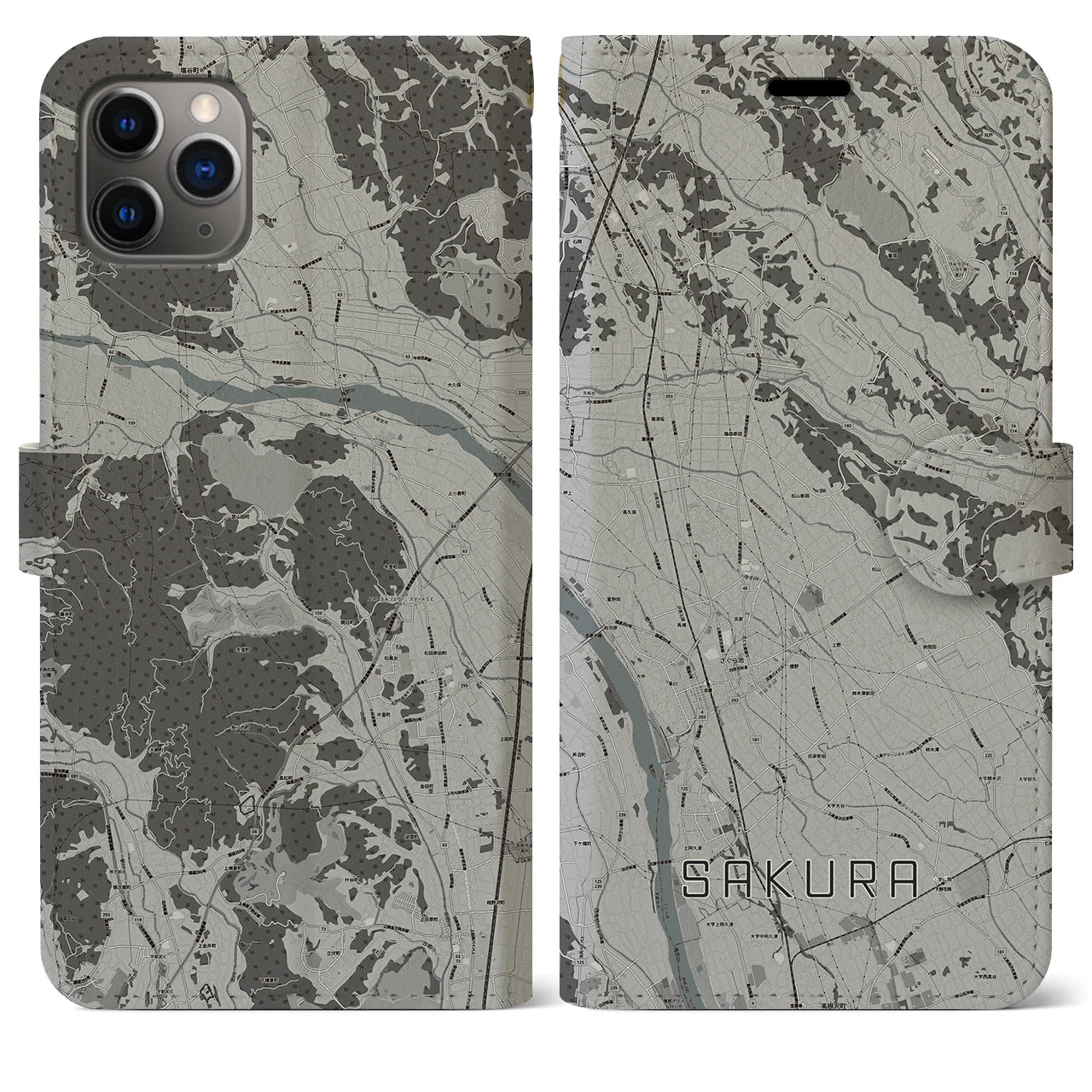 【さくら(栃木県)】地図柄iPhoneケース(手帳タイプ)モノトーン・iPhone 11 Pro Max 用