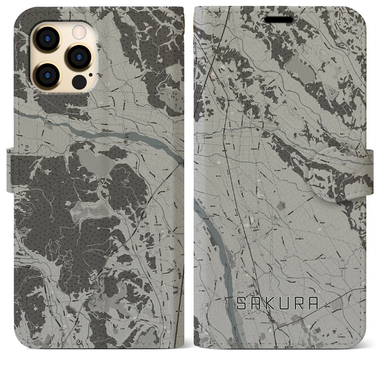 【さくら(栃木県)】地図柄iPhoneケース(手帳タイプ)モノトーン・iPhone 12 Pro Max 用