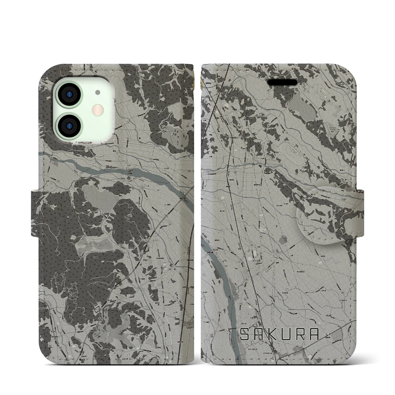 【さくら(栃木県)】地図柄iPhoneケース(手帳タイプ)モノトーン・iPhone 12 mini 用