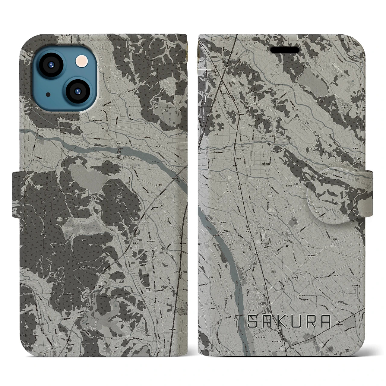 【さくら(栃木県)】地図柄iPhoneケース(手帳タイプ)モノトーン・iPhone 13 用