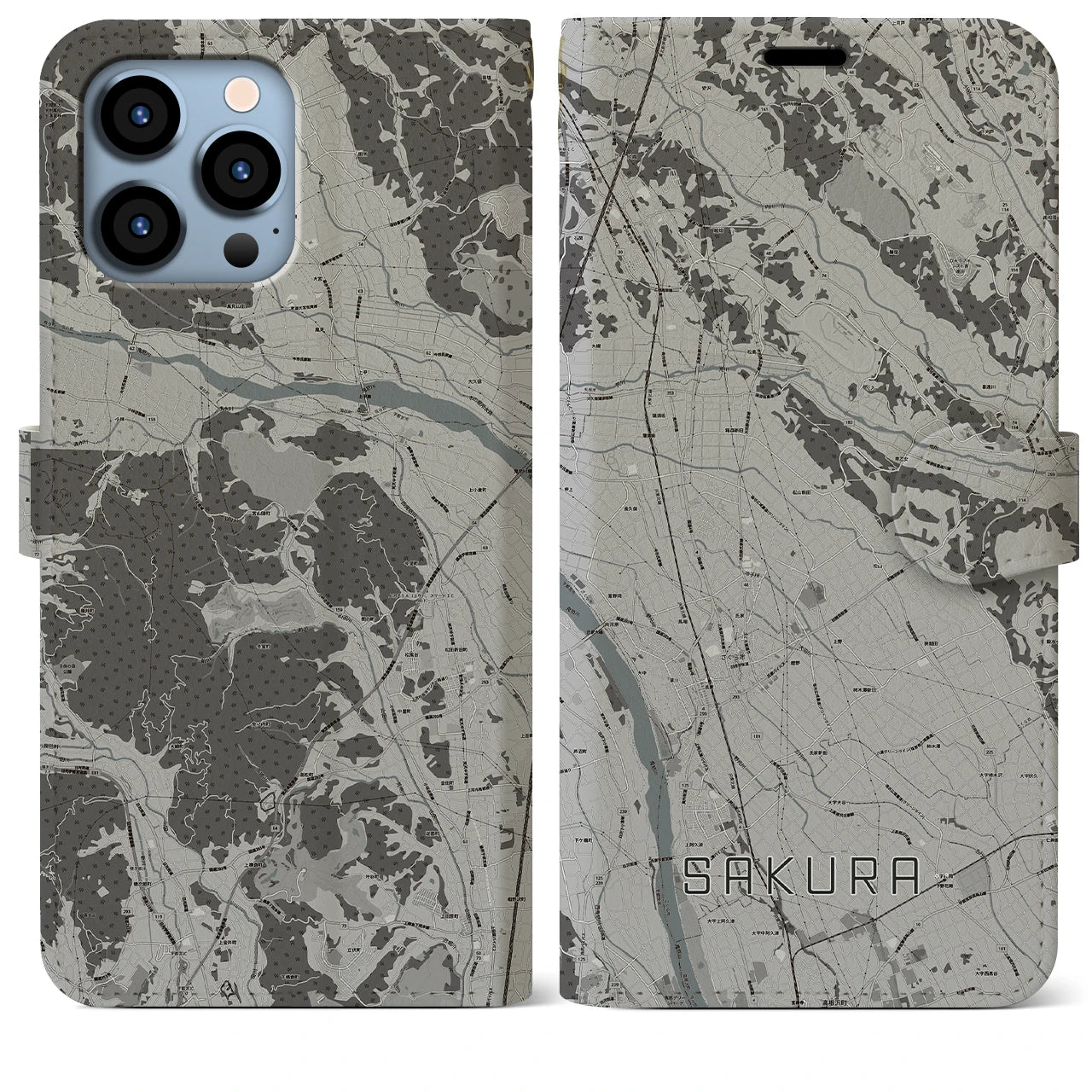 【さくら(栃木県)】地図柄iPhoneケース(手帳タイプ)モノトーン・iPhone 13 Pro Max 用