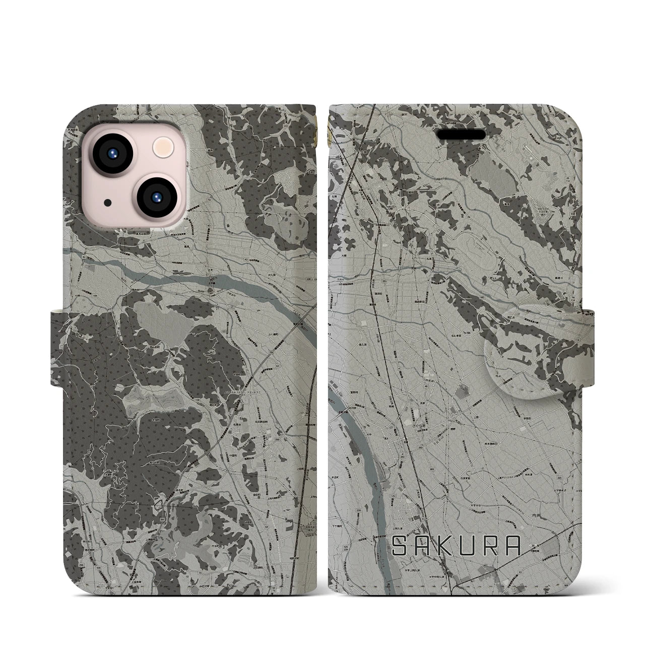 【さくら(栃木県)】地図柄iPhoneケース(手帳タイプ)モノトーン・iPhone 13 mini 用