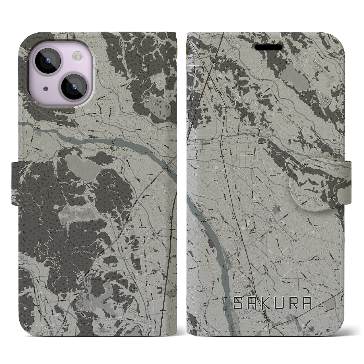 【さくら(栃木県)】地図柄iPhoneケース(手帳タイプ)モノトーン・iPhone 14 用