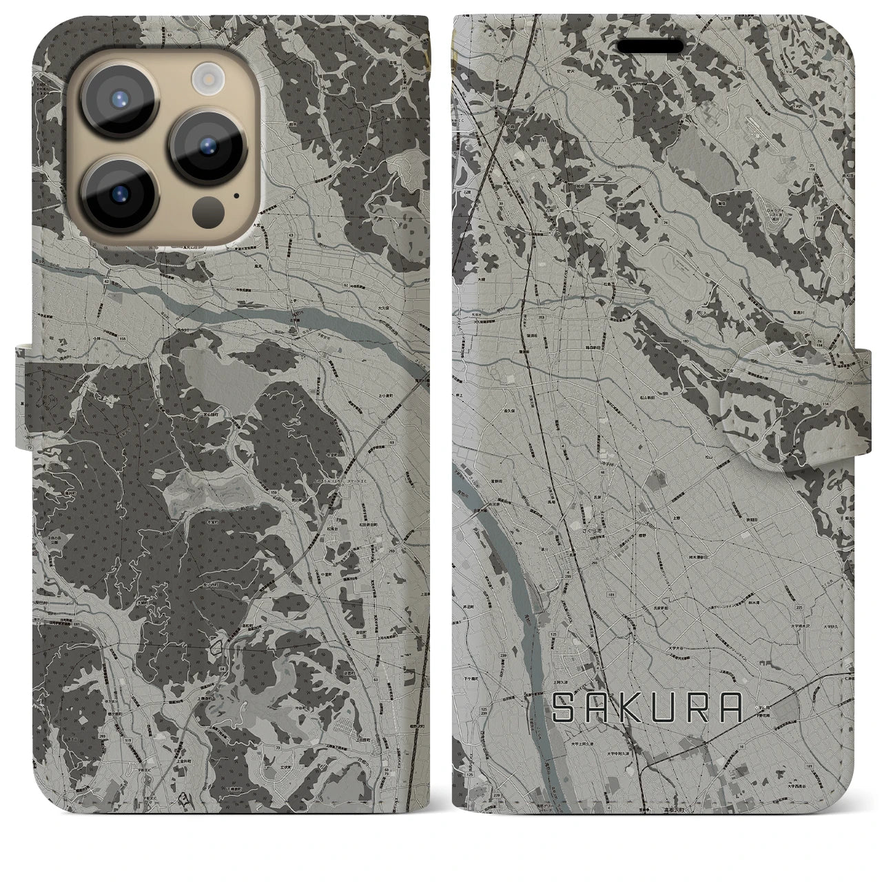 【さくら(栃木県)】地図柄iPhoneケース(手帳タイプ)モノトーン・iPhone 14 Pro Max 用