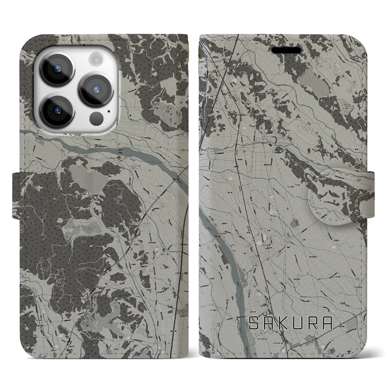 【さくら(栃木県)】地図柄iPhoneケース(手帳タイプ)モノトーン・iPhone 14 Pro 用