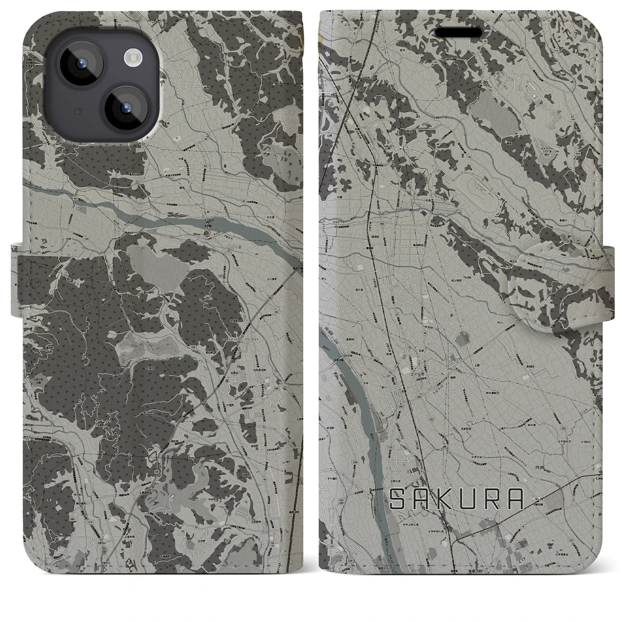 【さくら(栃木県)】地図柄iPhoneケース(手帳タイプ)モノトーン・iPhone 14 Plus 用