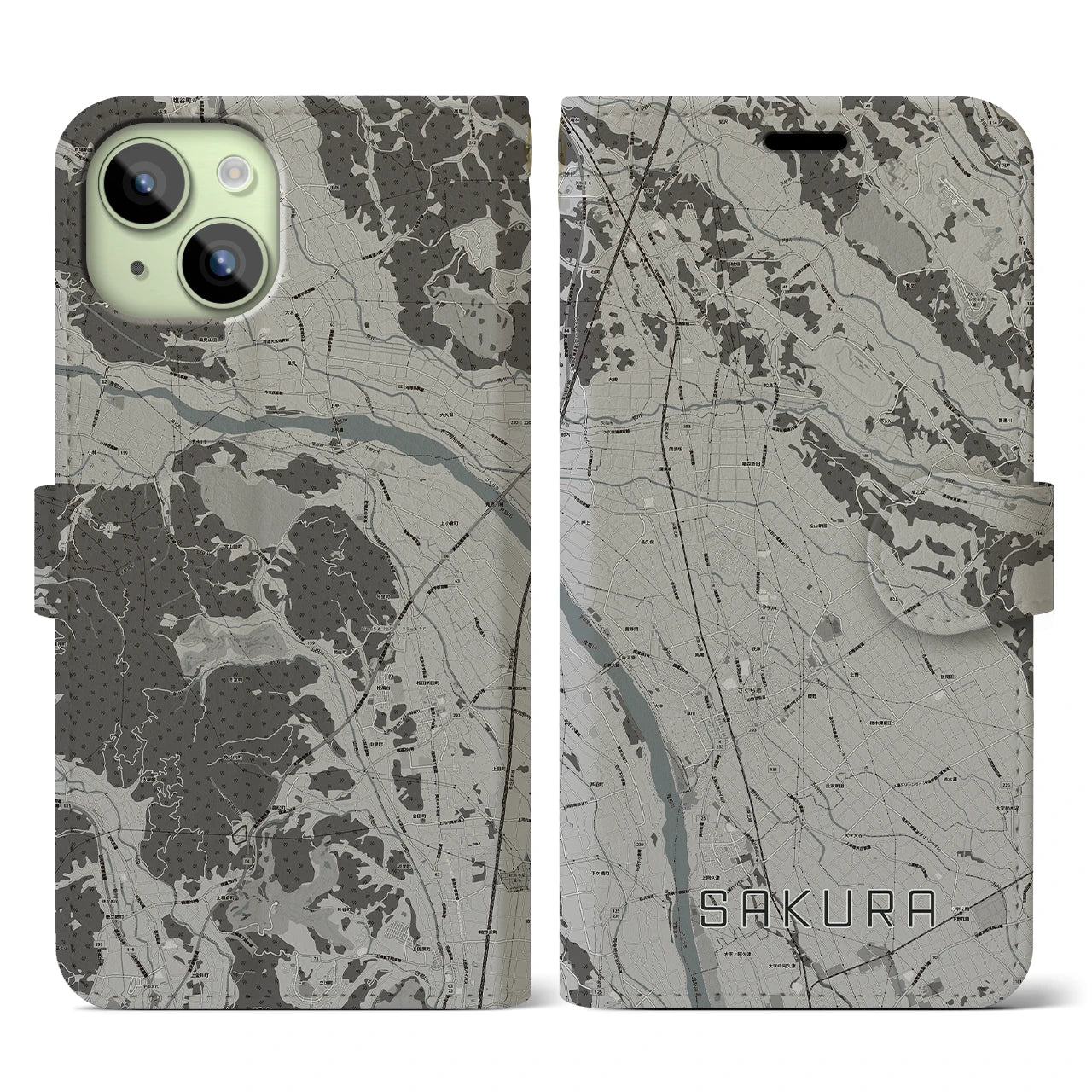 【さくら(栃木県)】地図柄iPhoneケース(手帳タイプ)モノトーン・iPhone 15 用