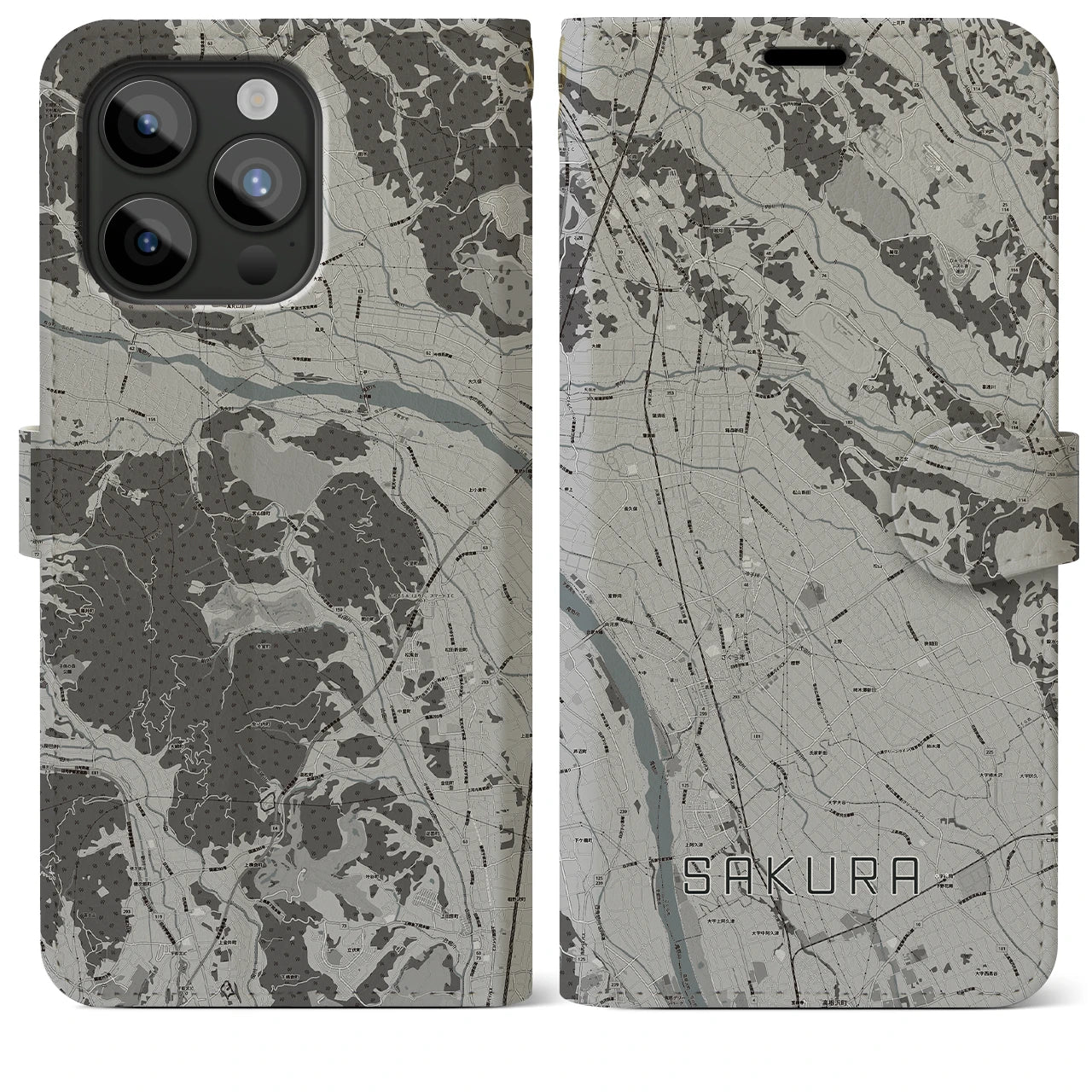 【さくら(栃木県)】地図柄iPhoneケース(手帳タイプ)モノトーン・iPhone 15 Pro Max 用