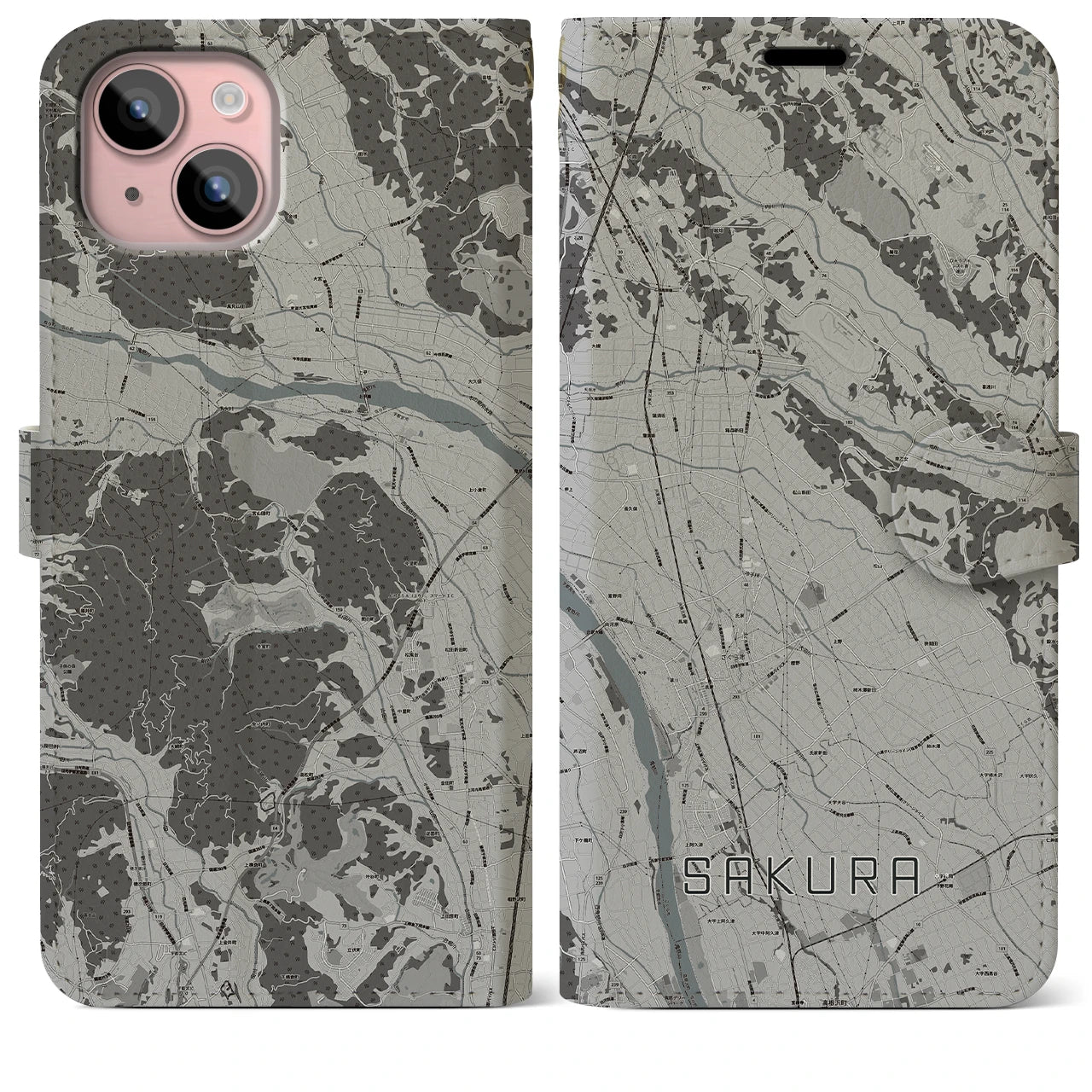 【さくら(栃木県)】地図柄iPhoneケース(手帳タイプ)モノトーン・iPhone 15 Plus 用