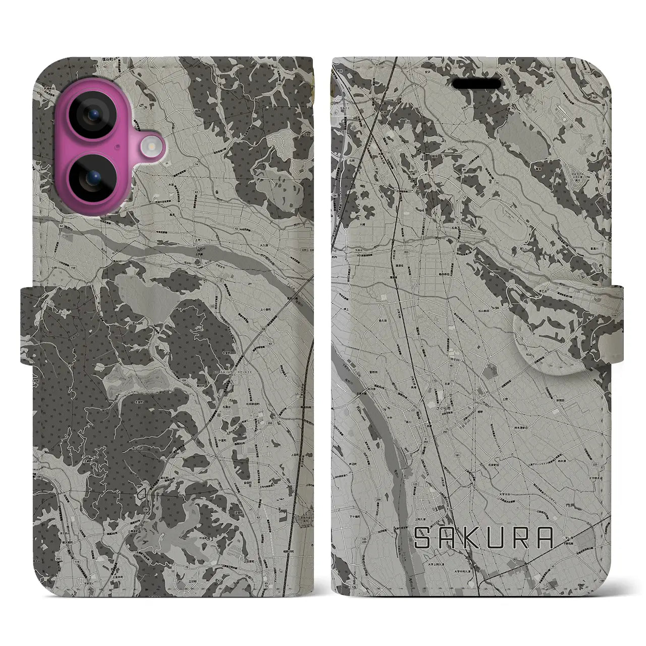 【さくら(栃木県)】地図柄iPhoneケース(手帳タイプ)モノトーン・iPhone 16 Pro 用