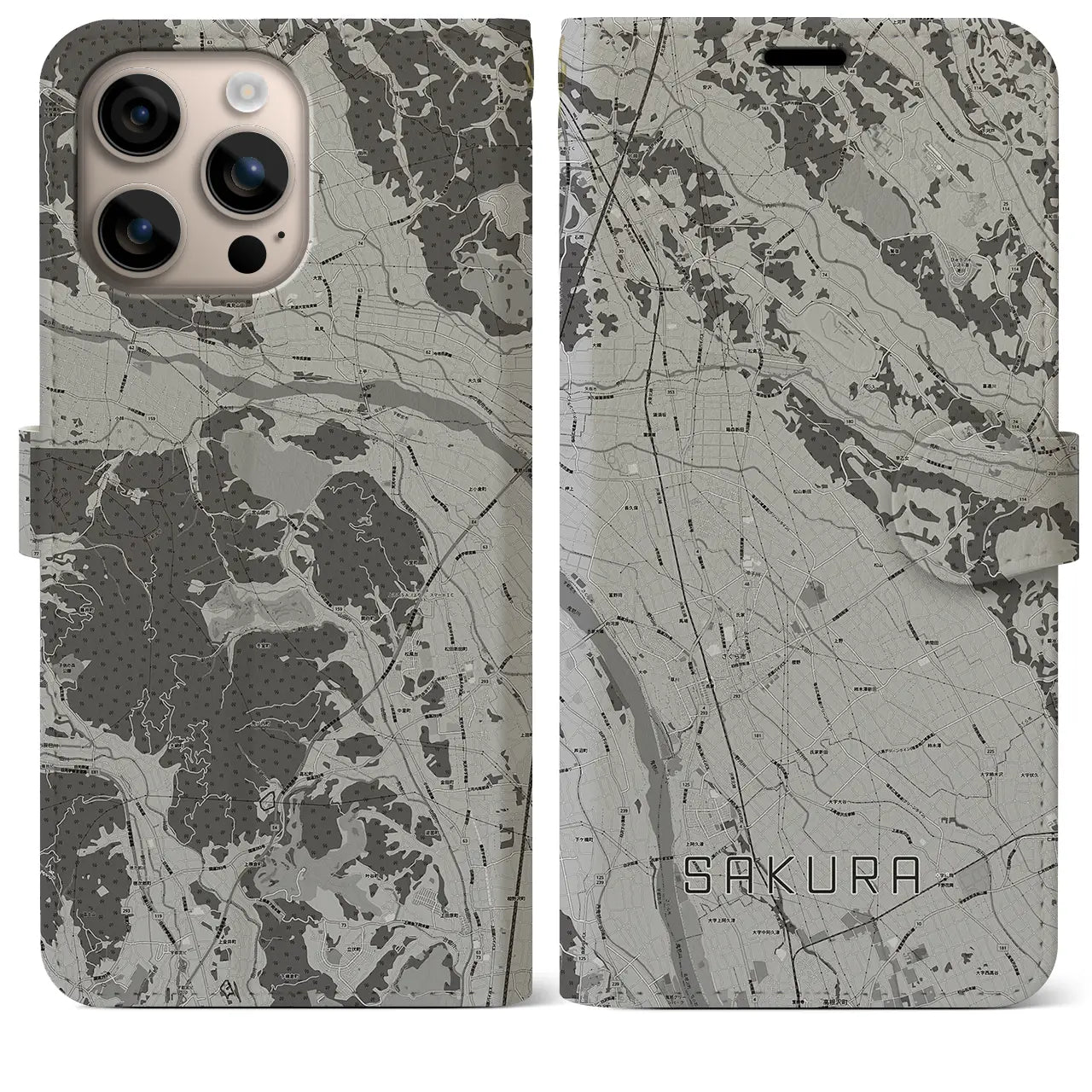 【さくら(栃木県)】地図柄iPhoneケース(手帳タイプ)モノトーン・iPhone 16 Plus 用