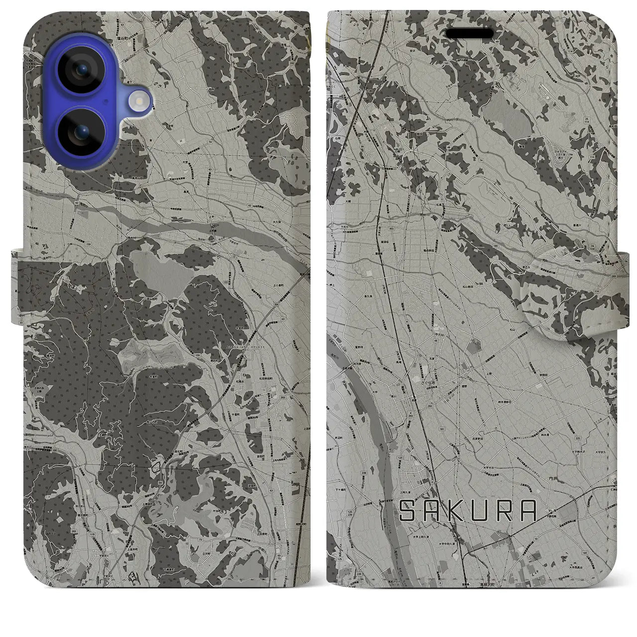 【さくら(栃木県)】地図柄iPhoneケース(手帳タイプ)モノトーン・iPhone 16 Pro Max 用