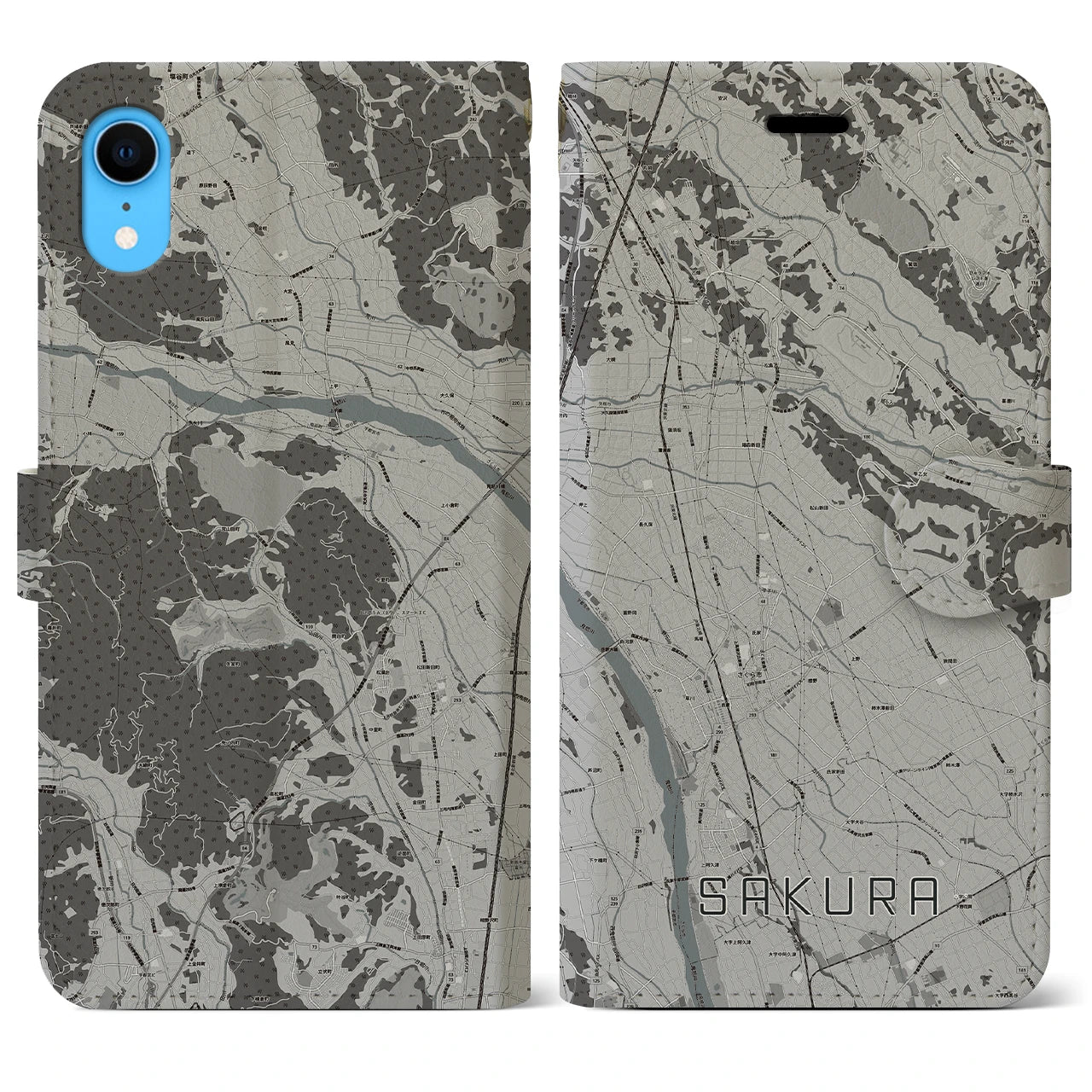 【さくら(栃木県)】地図柄iPhoneケース(手帳タイプ)モノトーン・iPhone XR 用