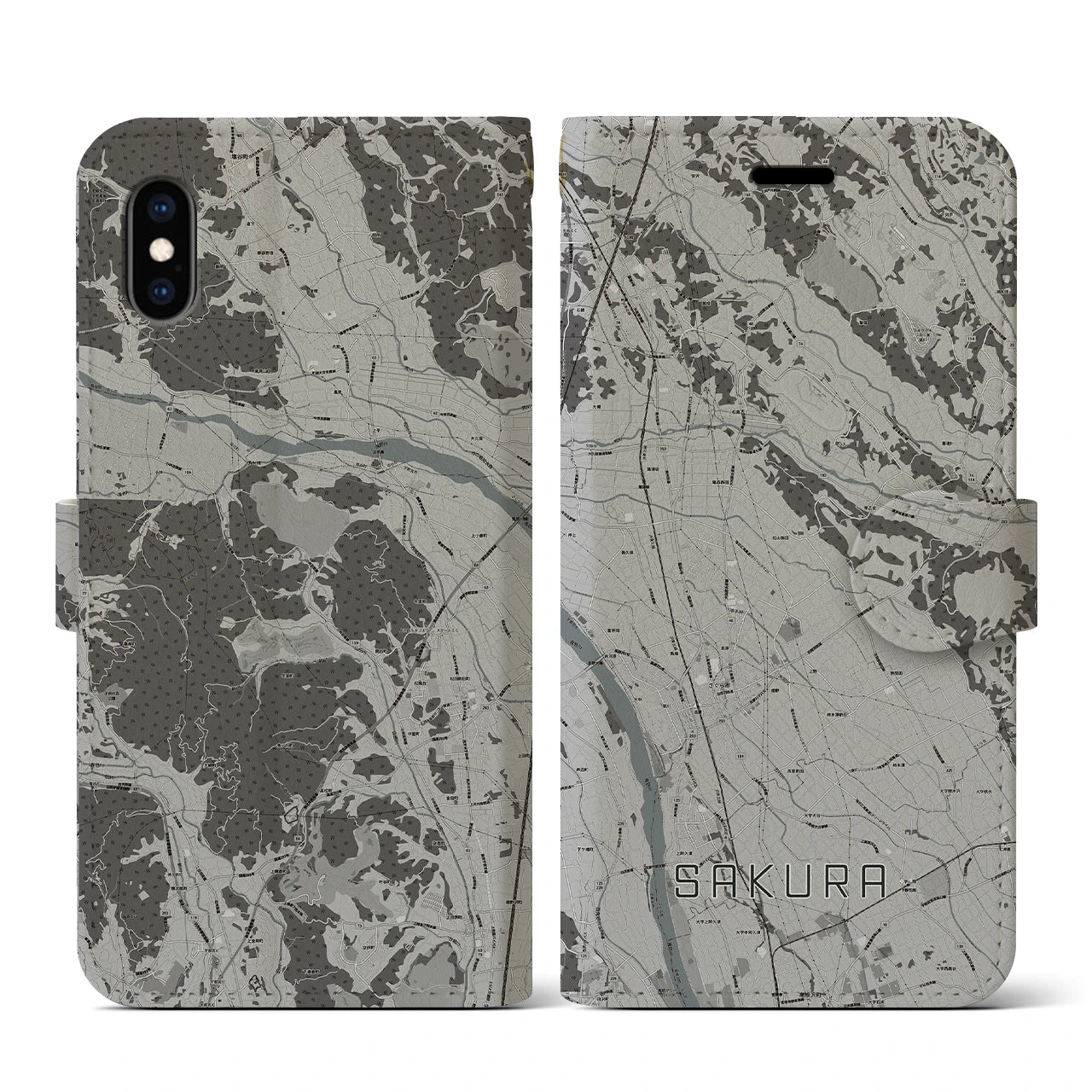 【さくら(栃木県)】地図柄iPhoneケース(手帳タイプ)モノトーン・iPhone XS / X 用