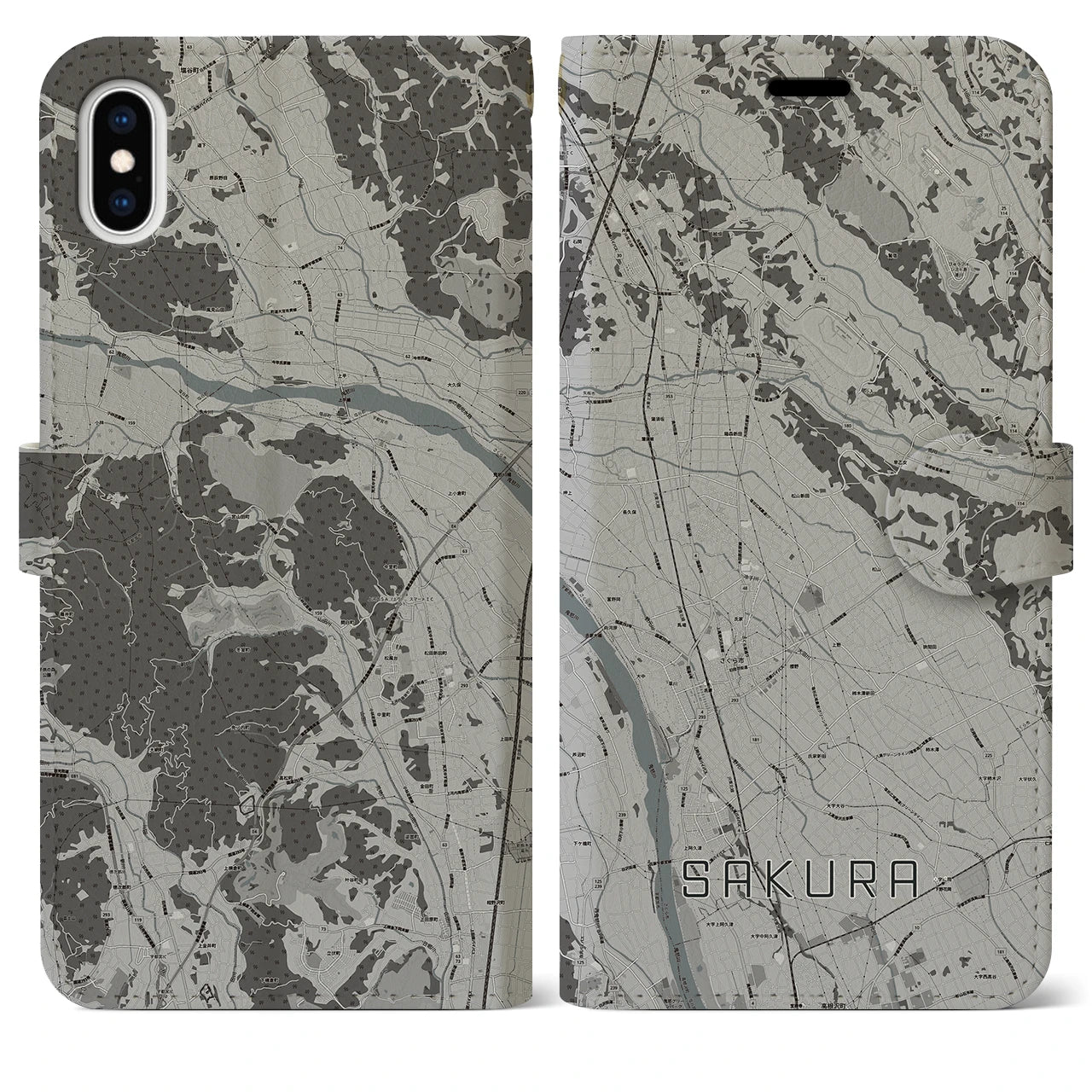 【さくら(栃木県)】地図柄iPhoneケース(手帳タイプ)モノトーン・iPhone XS Max 用