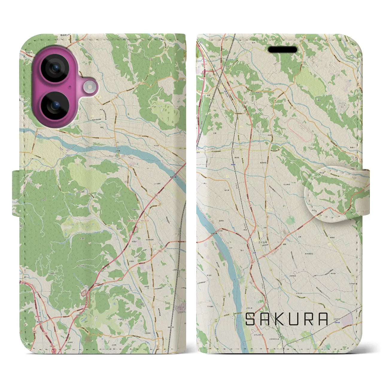 【さくら(栃木県)】地図柄iPhoneケース(手帳タイプ)ナチュラル・iPhone 16 Pro 用