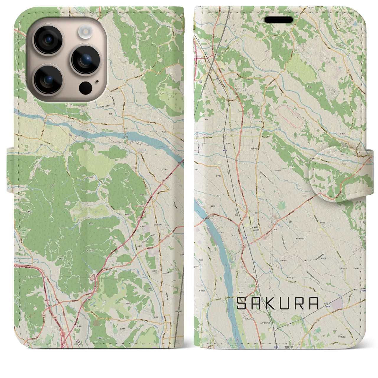 【さくら(栃木県)】地図柄iPhoneケース(手帳タイプ)ナチュラル・iPhone 16 Plus 用