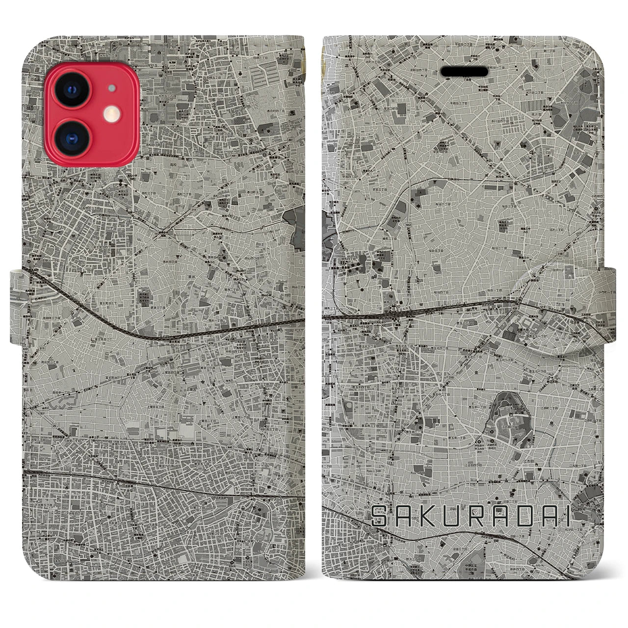 【桜台(東京都)】地図柄iPhoneケース(手帳タイプ)モノトーン・iPhone 11 用