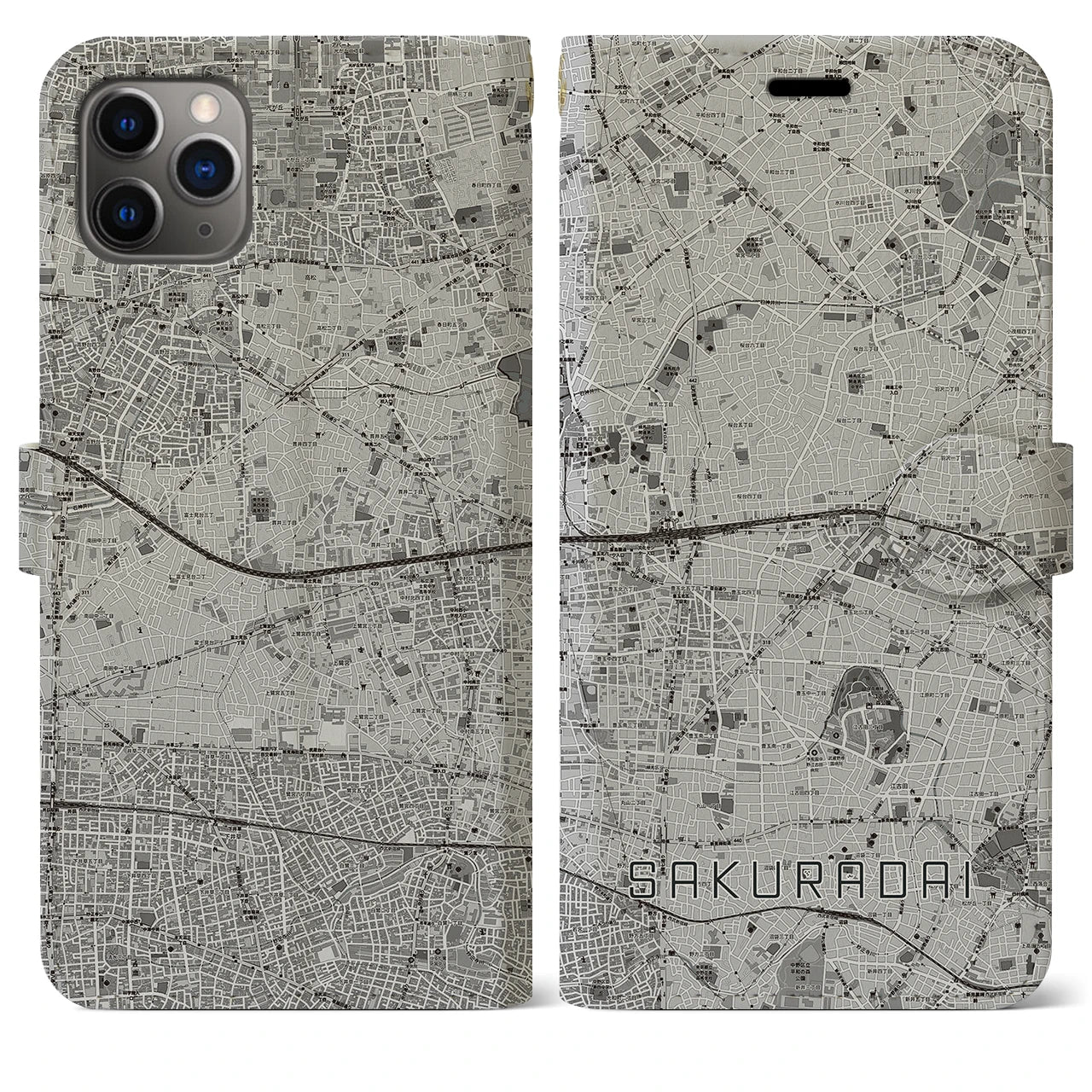 【桜台(東京都)】地図柄iPhoneケース(手帳タイプ)モノトーン・iPhone 11 Pro Max 用