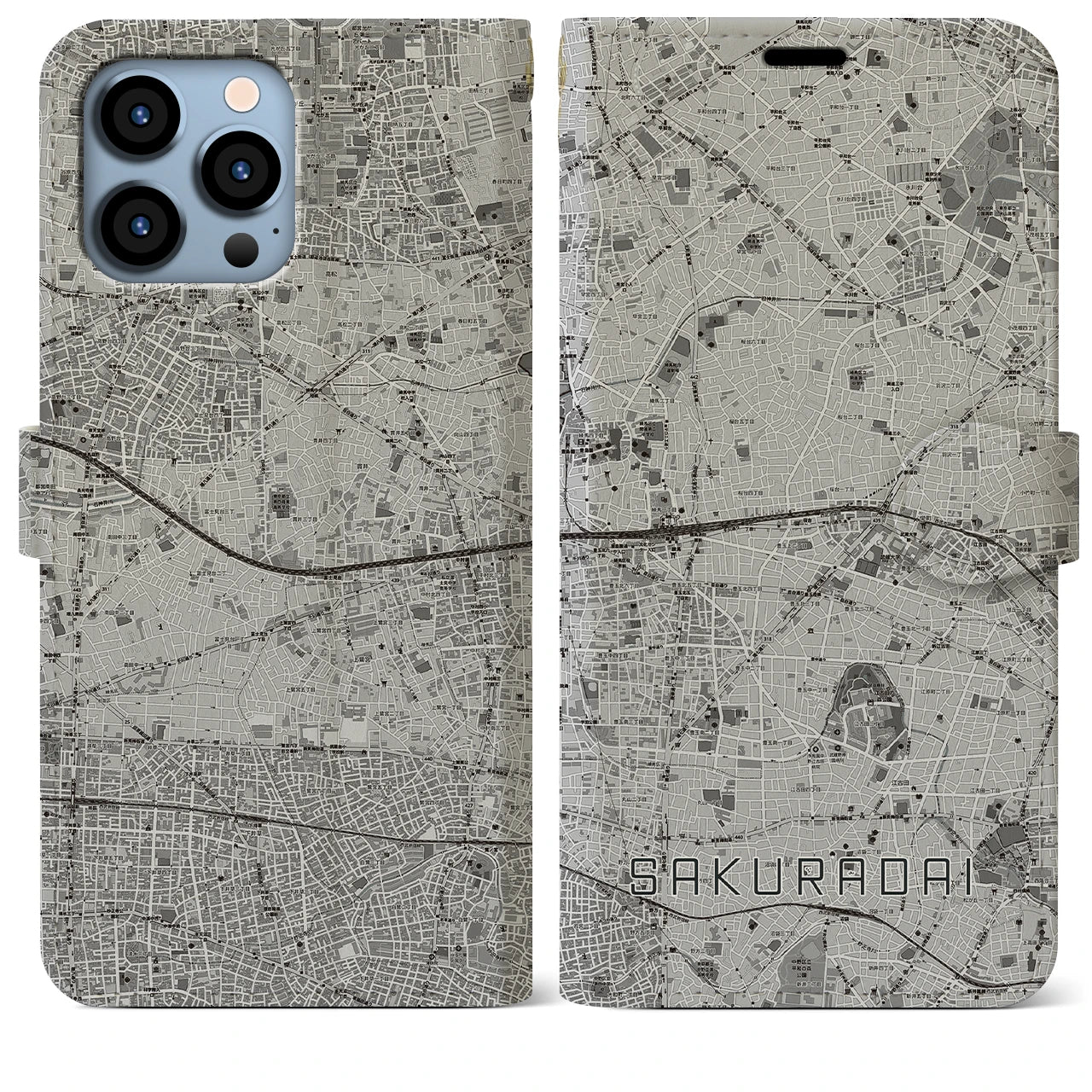 【桜台(東京都)】地図柄iPhoneケース(手帳タイプ)モノトーン・iPhone 13 Pro Max 用