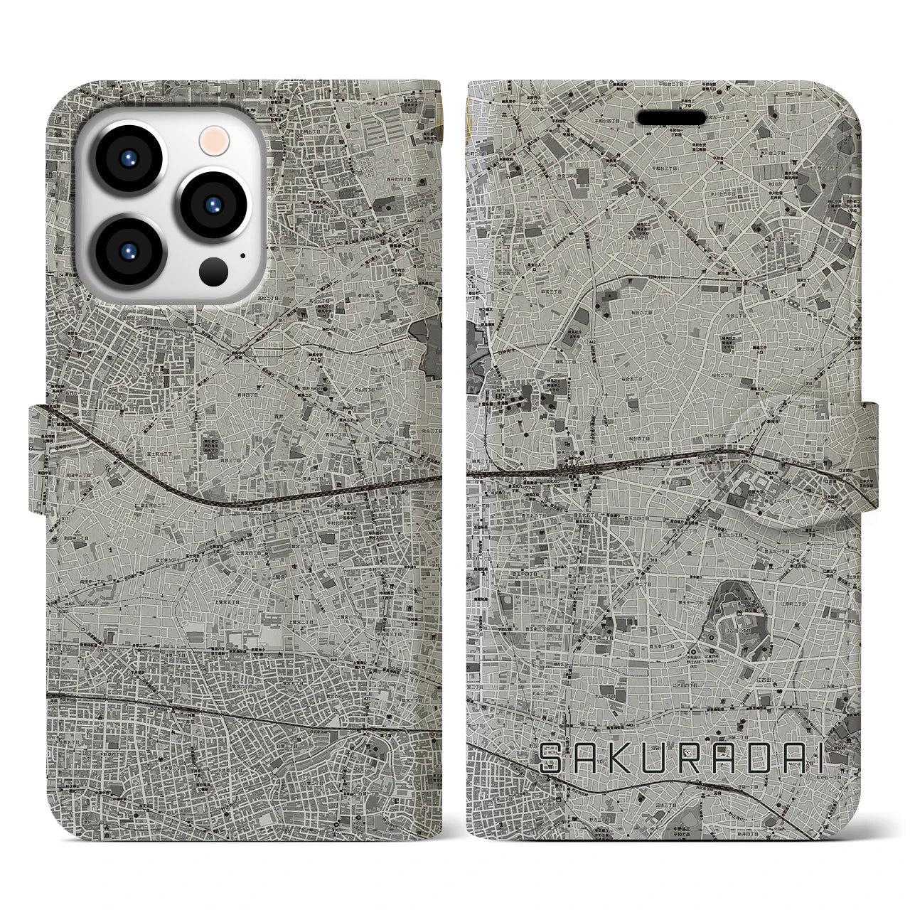 【桜台(東京都)】地図柄iPhoneケース(手帳タイプ)モノトーン・iPhone 13 Pro 用