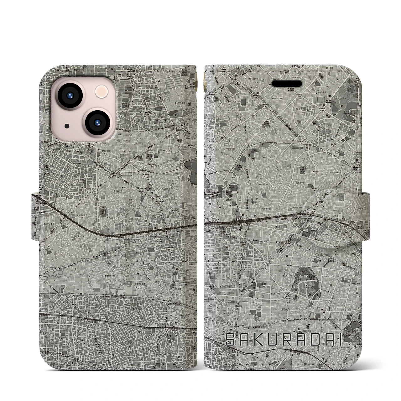 【桜台(東京都)】地図柄iPhoneケース(手帳タイプ)モノトーン・iPhone 13 mini 用